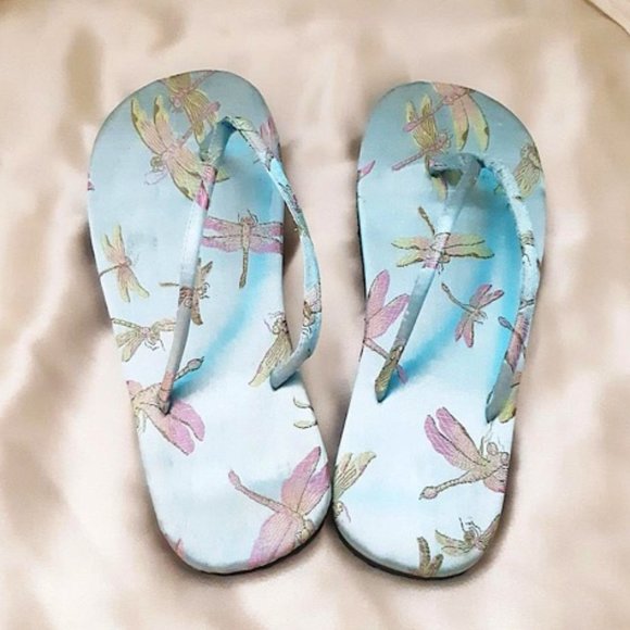 Satin SKY BLUE Woven Dragonfly Open-Toe Flip Flops - Picture 1 of 10